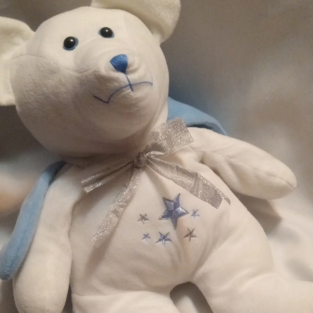 Adorable White Plush Bear with Blue Angelic Wings And Stars